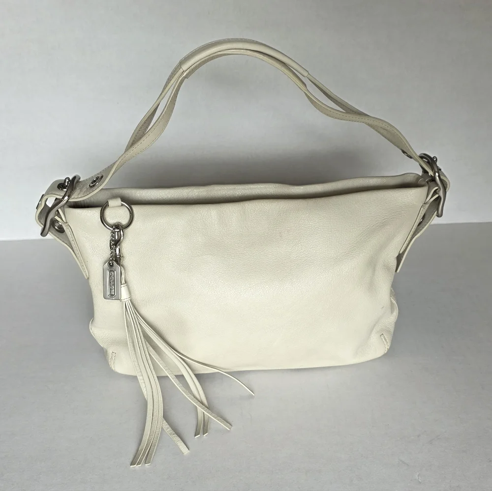 COACH Pebbled Leather Shoulder Bag with Tassel Charm Cream Color - Picture 1 of 7